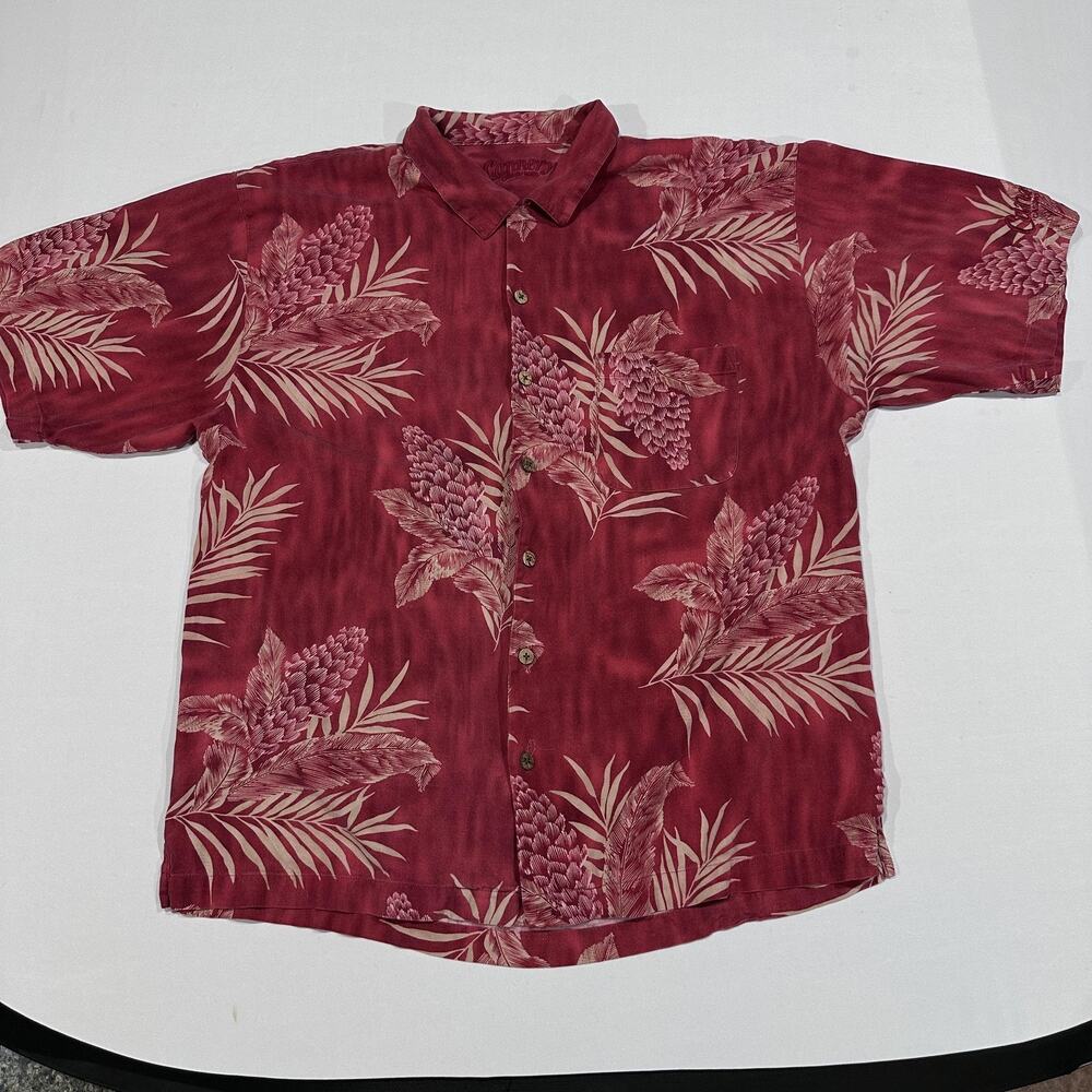 Cannery Shirt Mens XL Red Beige Floral Button Up Short Sleeve Silk Pocket FLAW